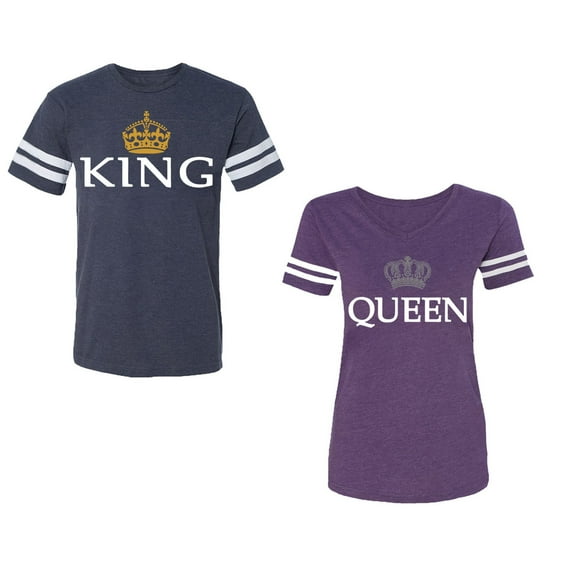 King Queen Old Unisex Couple Matching Cotton Jersey style T-Shirt Contrasting stripes on sleeves (Men Navy / Women Purple) (Men S / Women S)