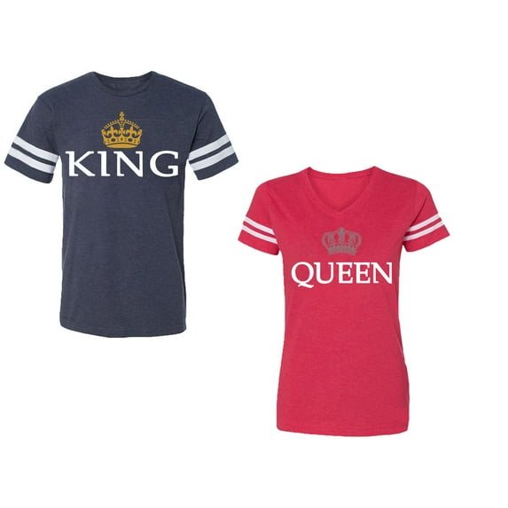 King Queen Old Unisex Couple Matching Cotton Jersey style T-Shirt Contrasting stripes on sleeves (Men Navy / Women Red) (Men XXL / Women L)