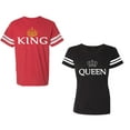 thumbnail image 1 of King Queen Old Unisex Couple Matching Cotton Jersey style T-Shirt Contrasting stripes on sleeves (Men Red / Women Black) (Men S / Women S), 1 of 3