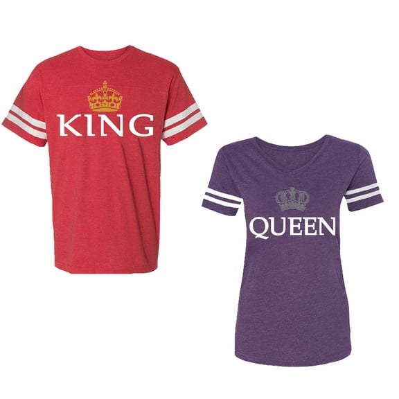 King Queen Old Unisex Couple Matching Cotton Jersey style T-Shirt Contrasting stripes on sleeves (Men Red / Women Purple) (Men S / Women XXL)