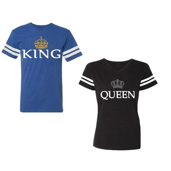 King Queen Old Unisex Couple Matching Cotton Jersey style T-Shirt Contrasting stripes on sleeves (Men Royal / Women Black) (Men S / Women S)