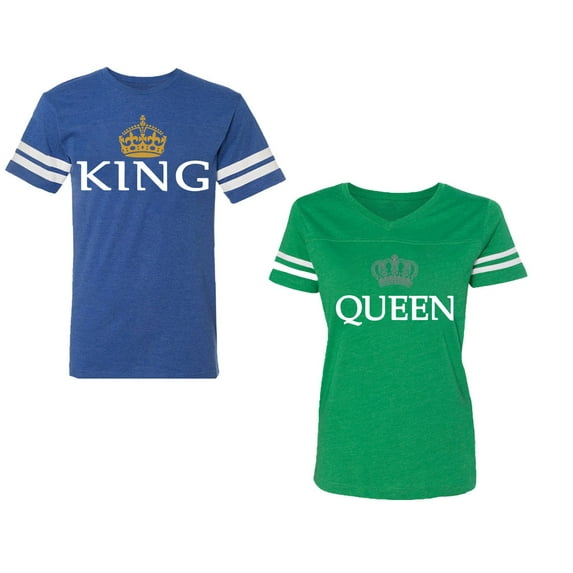 King Queen Old Unisex Couple Matching Cotton Jersey style T-Shirt Contrasting stripes on sleeves (Men Royal / Women Green) (Men L / Women S)