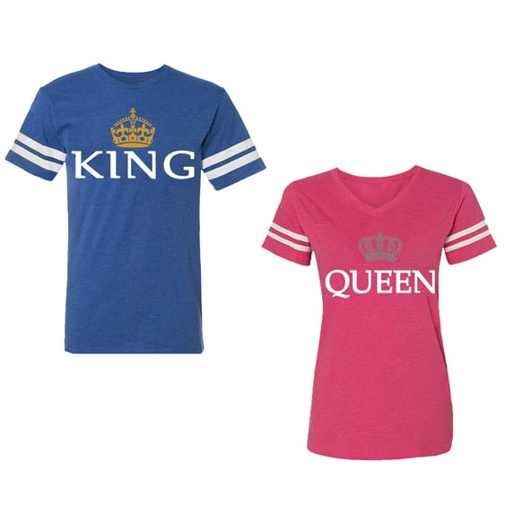 King Queen Old Unisex Couple Matching Cotton Jersey style T-Shirt Contrasting stripes on sleeves (Men Royal / Women Pink) (Men S / Women XXL)