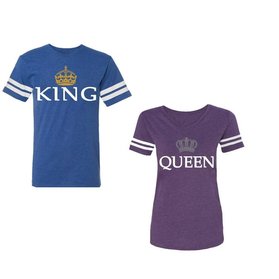 King Queen Old Unisex Couple Matching Cotton Jersey style T-Shirt Contrasting stripes on sleeves (Men Royal / Women Purple) (Men L / Women S)