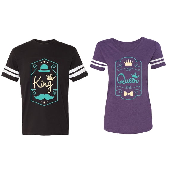 King Queen Pentagon Emerald Gold Matching Couple Cotton Jerseys (Men Black / Women Purple) (Men S / Women L)
