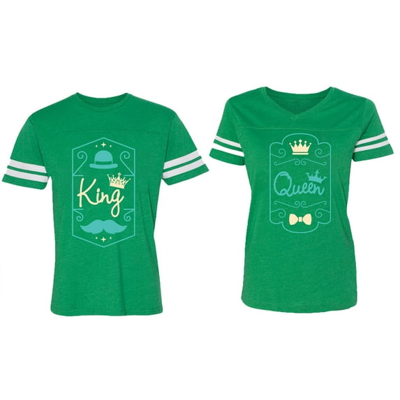 King Queen Pentagon Emerald Gold Matching Couple Cotton Jerseys (Men Green / Women Green) (Men L / Women XXL)