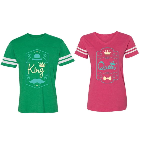 King Queen Pentagon Emerald Gold Matching Couple Cotton Jerseys (Men Green / Women Pink) (Men XXL / Women XXL)