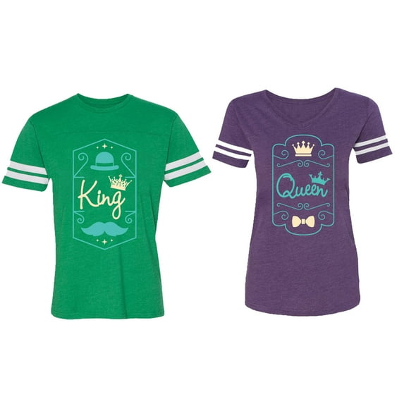 King Queen Pentagon Emerald Gold Matching Couple Cotton Jerseys (Men Green / Women Purple) (Men S / Women S)