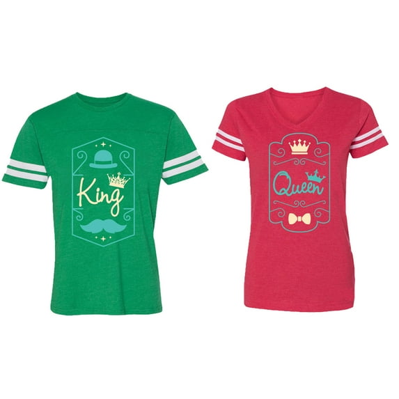 King Queen Pentagon Emerald Gold Matching Couple Cotton Jerseys (Men Green / Women Red) (Men L / Women M)
