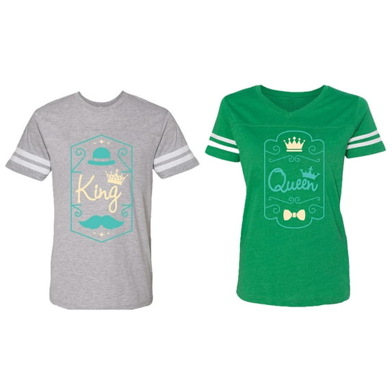 King Queen Pentagon Emerald Gold Matching Couple Cotton Jerseys (Men Heather / Women Green) (Men L / Women S)