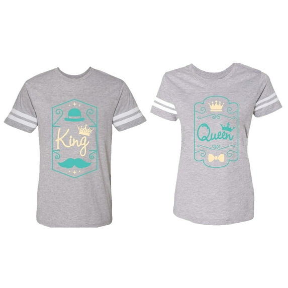 King Queen Pentagon Emerald Gold Matching Couple Cotton Jerseys (Men Heather / Women Heather) (Men S / Women S)