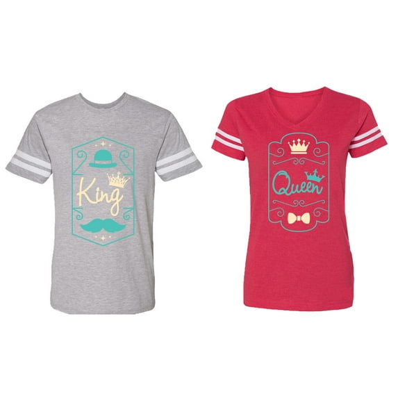 King Queen Pentagon Emerald Gold Matching Couple Cotton Jerseys (Men Heather / Women Red) (Men L / Women S)