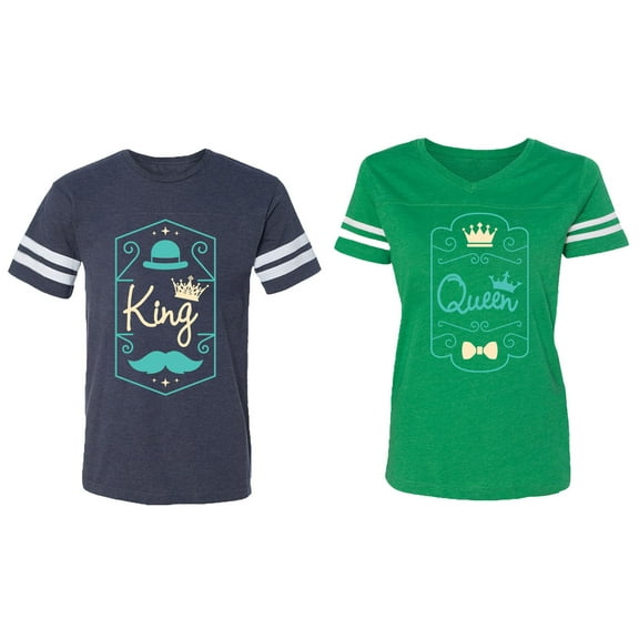 King Queen Pentagon Emerald Gold Matching Couple Cotton Jerseys (Men Navy / Women Green) (Men L / Women L)