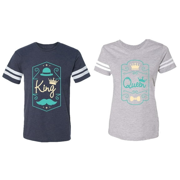 King Queen Pentagon Emerald Gold Matching Couple Cotton Jerseys (Men Navy / Women Heather) (Men XL / Women XL)