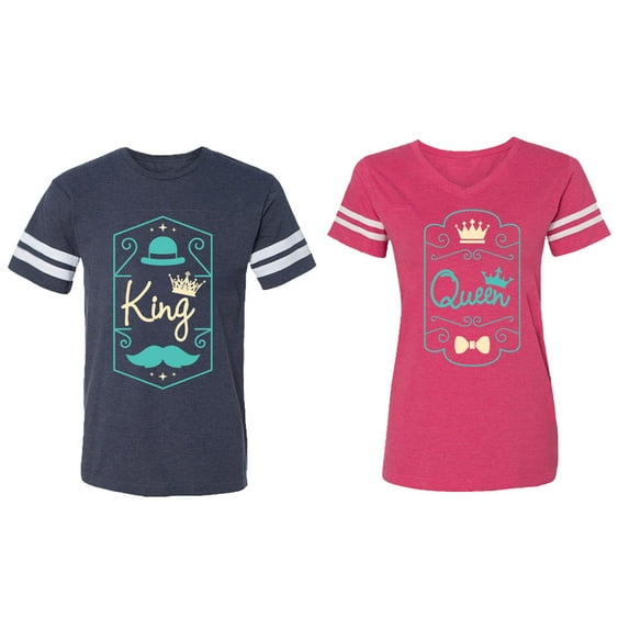 King Queen Pentagon Emerald Gold Matching Couple Cotton Jerseys (Men Navy / Women Pink) (Men L / Women S)