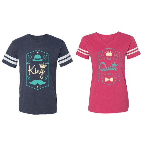King Queen Pentagon Emerald Gold Matching Couple Cotton Jerseys (Men Navy / Women Pink) (Men XXL / Women S)