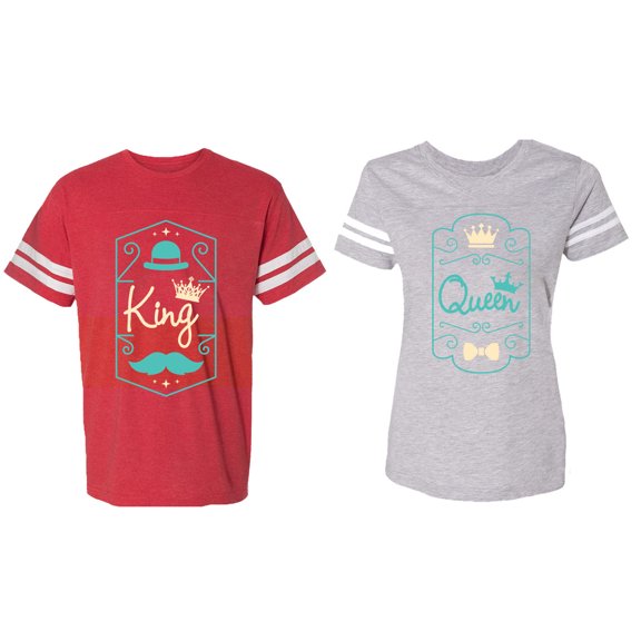 King Queen Pentagon Emerald Gold Matching Couple Cotton Jerseys (Men Red / Women Heather) (Men XXL / Women XXL)