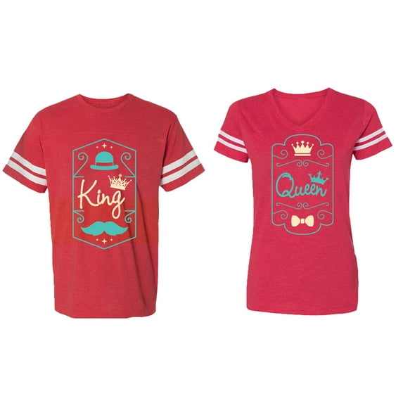 King Queen Pentagon Emerald Gold Matching Couple Cotton Jerseys (Men Red / Women Red) (Men XXL / Women XL)