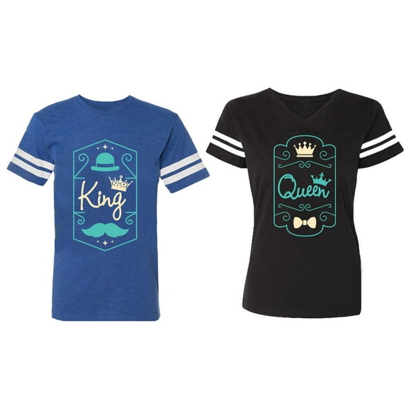 King Queen Pentagon Emerald Gold Matching Couple Cotton Jerseys (Men Royal / Women Black) (Men XL / Women L)