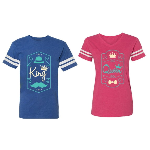 King Queen Pentagon Emerald Gold Matching Couple Cotton Jerseys (Men Royal / Women Pink) (Men XXL / Women M)