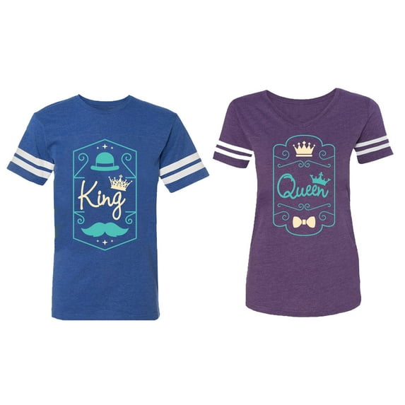 King Queen Pentagon Emerald Gold Matching Couple Cotton Jerseys (Men Royal / Women Purple) (Men L / Women L)