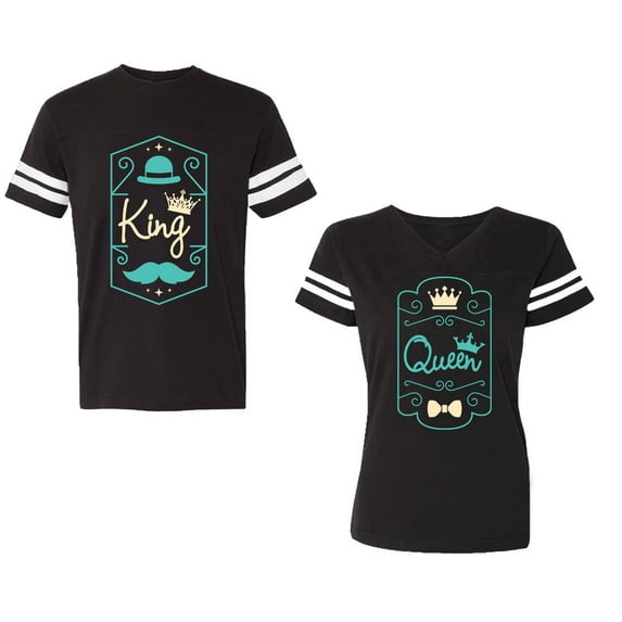 King Queen Pentagon Emerald Gold Unisex Couple Matching Cotton Jersey style T-Shirt Contrasting stripes on sleeves (Men Black / Women Black) (Men M / Women L)