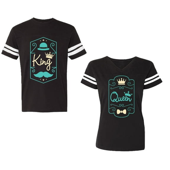 King Queen Pentagon Emerald Gold Unisex Couple Matching Cotton Jersey style T-Shirt Contrasting stripes on sleeves (Men Black / Women Black) (Men XXL / Women S)