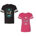 thumbnail image 1 of King Queen Pentagon Emerald Gold Unisex Couple Matching Cotton Jersey style T-Shirt Contrasting stripes on sleeves (Men Black / Women Pink) (Men L / Women L), 1 of 3