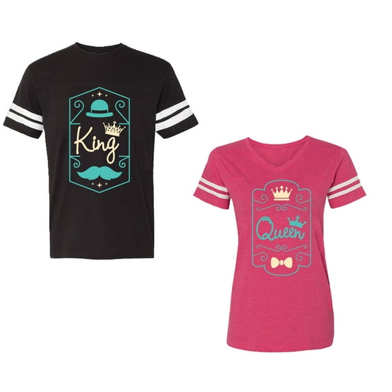 King Queen Pentagon Emerald Gold Unisex Couple Matching Cotton Jersey style T-Shirt Contrasting stripes on sleeves (Men Black / Women Pink) (Men S / Women XL)