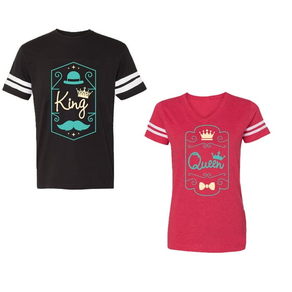 King Queen Pentagon Emerald Gold Unisex Couple Matching Cotton Jersey style T-Shirt Contrasting stripes on sleeves (Men Black / Women Red) (Men S / Women XL)