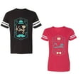 thumbnail image 1 of King Queen Pentagon Emerald Gold Unisex Couple Matching Cotton Jersey style T-Shirt Contrasting stripes on sleeves (Men Black / Women Red) (Men XXL / Women L), 1 of 3