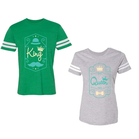 King Queen Pentagon Emerald Gold Unisex Couple Matching Cotton Jersey style T-Shirt Contrasting stripes on sleeves (Men Green / Women Heather) (Men L / Women S)