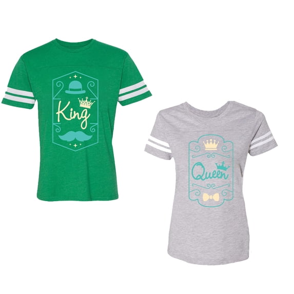King Queen Pentagon Emerald Gold Unisex Couple Matching Cotton Jersey style T-Shirt Contrasting stripes on sleeves (Men Green / Women Heather) (Men XXL / Women L)