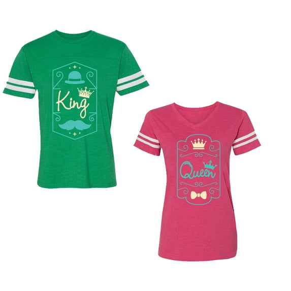 King Queen Pentagon Emerald Gold Unisex Couple Matching Cotton Jersey style T-Shirt Contrasting stripes on sleeves (Men Green / Women Pink) (Men XL / Women S)