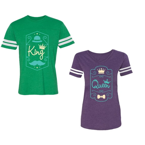 King Queen Pentagon Emerald Gold Unisex Couple Matching Cotton Jersey style T-Shirt Contrasting stripes on sleeves (Men Green / Women Purple) (Men L / Women L)