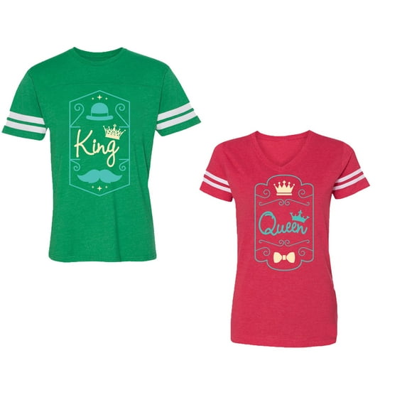 King Queen Pentagon Emerald Gold Unisex Couple Matching Cotton Jersey style T-Shirt Contrasting stripes on sleeves (Men Green / Women Red) (Men XXL / Women S)