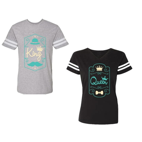 King Queen Pentagon Emerald Gold Unisex Couple Matching Cotton Jersey style T-Shirt Contrasting stripes on sleeves (Men Heather / Women Black) (Men S / Women XXL)
