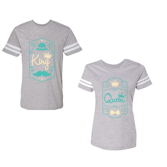 King Queen Pentagon Emerald Gold Unisex Couple Matching Cotton Jersey style T-Shirt Contrasting stripes on sleeves (Men Heather / Women Heather) (Men S / Women XL)