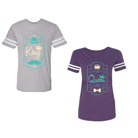 King Queen Pentagon Emerald Gold Unisex Couple Matching Cotton Jersey style T-Shirt Contrasting stripes on sleeves (Men Heather / Women Purple) (Men M / Women S)