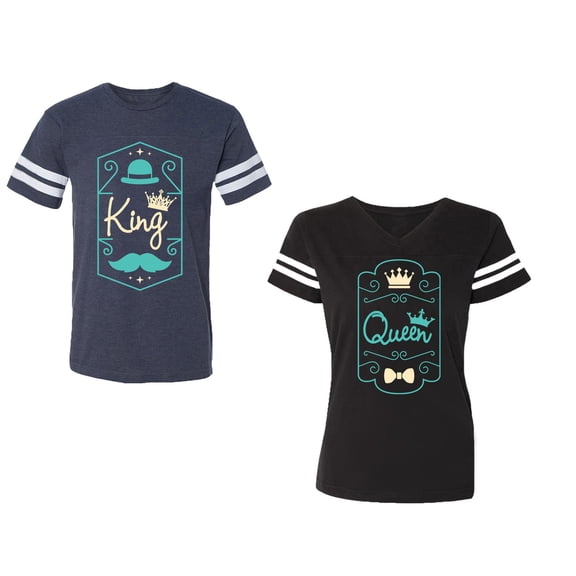 King Queen Pentagon Emerald Gold Unisex Couple Matching Cotton Jersey style T-Shirt Contrasting stripes on sleeves (Men Navy / Women Black) (Men S / Women S)
