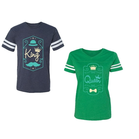 King Queen Pentagon Emerald Gold Unisex Couple Matching Cotton Jersey style T-Shirt Contrasting stripes on sleeves (Men Navy / Women Green) (Men XXL / Women S)