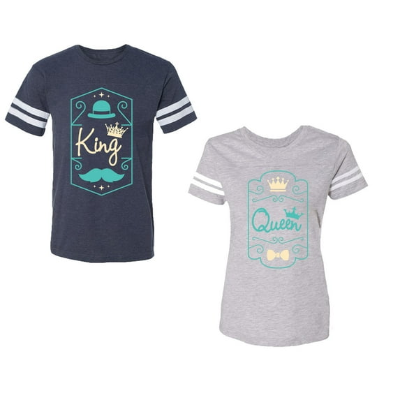 King Queen Pentagon Emerald Gold Unisex Couple Matching Cotton Jersey style T-Shirt Contrasting stripes on sleeves (Men Navy / Women Heather) (Men S / Women XL)