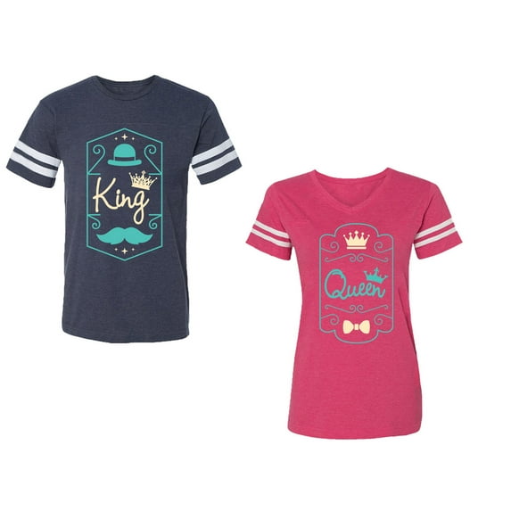 King Queen Pentagon Emerald Gold Unisex Couple Matching Cotton Jersey style T-Shirt Contrasting stripes on sleeves (Men Navy / Women Pink) (Men S / Women L)