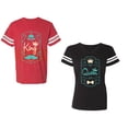 thumbnail image 1 of King Queen Pentagon Emerald Gold Unisex Couple Matching Cotton Jersey style T-Shirt Contrasting stripes on sleeves (Men Red / Women Black) (Men S / Women XL), 1 of 3
