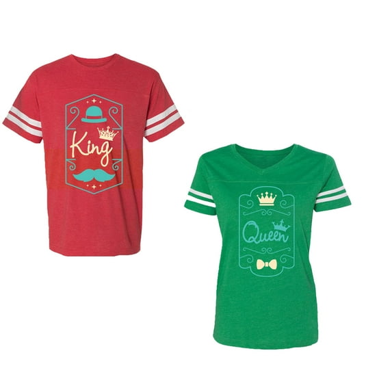 King Queen Pentagon Emerald Gold Unisex Couple Matching Cotton Jersey style T-Shirt Contrasting stripes on sleeves (Men Red / Women Green) (Men S / Women XXL)
