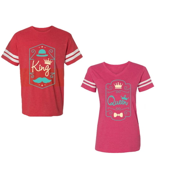 King Queen Pentagon Emerald Gold Unisex Couple Matching Cotton Jersey style T-Shirt Contrasting stripes on sleeves (Men Red / Women Pink) (Men S / Women L)