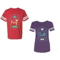 thumbnail image 1 of King Queen Pentagon Emerald Gold Unisex Couple Matching Cotton Jersey style T-Shirt Contrasting stripes on sleeves (Men Red / Women Purple) (Men L / Women M), 1 of 3