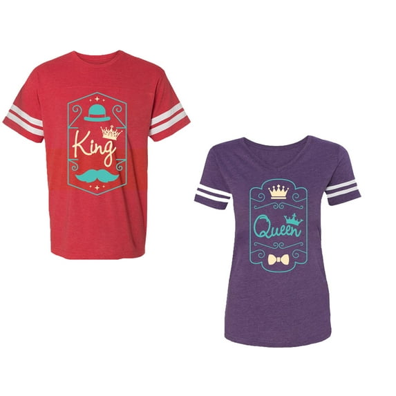 King Queen Pentagon Emerald Gold Unisex Couple Matching Cotton Jersey style T-Shirt Contrasting stripes on sleeves (Men Red / Women Purple) (Men L / Women S)