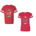 thumbnail image 1 of King Queen Pentagon Emerald Gold Unisex Couple Matching Cotton Jersey style T-Shirt Contrasting stripes on sleeves (Men Red / Women Red) (Men XXL / Women XL), 1 of 3