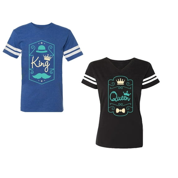 King Queen Pentagon Emerald Gold Unisex Couple Matching Cotton Jersey style T-Shirt Contrasting stripes on sleeves (Men Royal / Women Black) (Men L / Women XL)